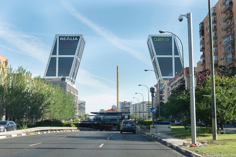 20160605_191214 D4S.jpg - Realia-Bankia complex Madid.  (Gate of Europe)  In background is Caja Marid Obelisk in the Plaza de Castilla